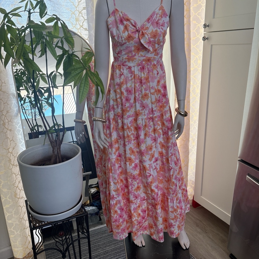Francesca's Collections Pink and Orange Floral Tie-Front Maxi Dress